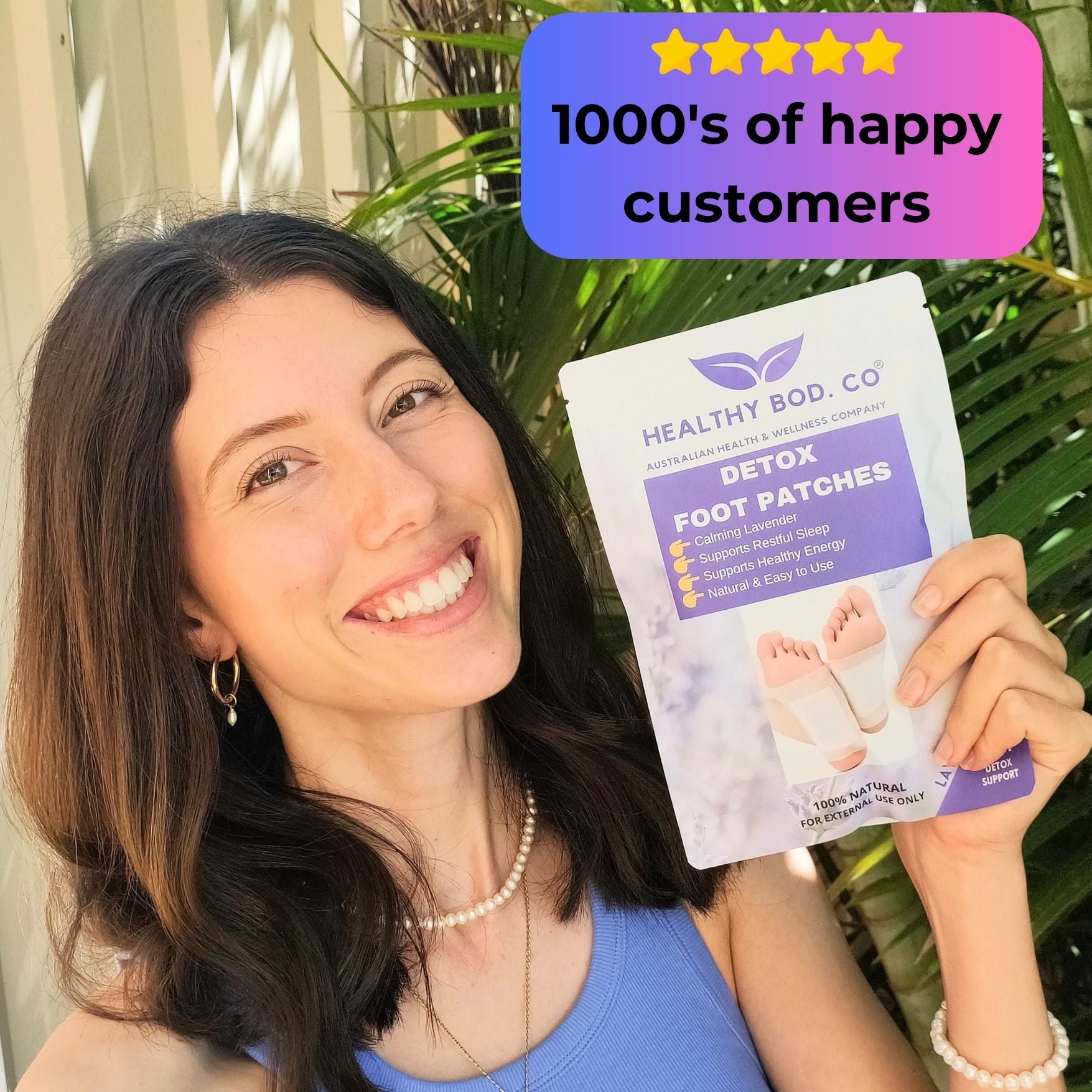 1000s of happy customers - Lavender Detox Foot Patches and Model Photo Infographic