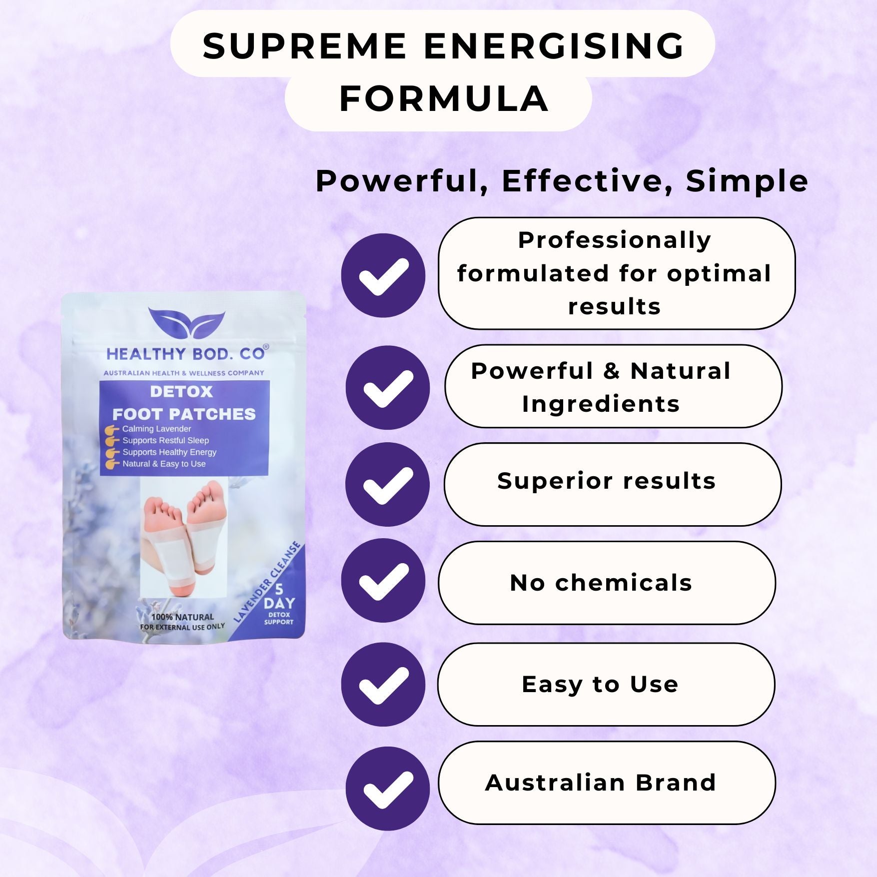 Lavender Detox Foot Pads - Supreme Energising Formula Infographic