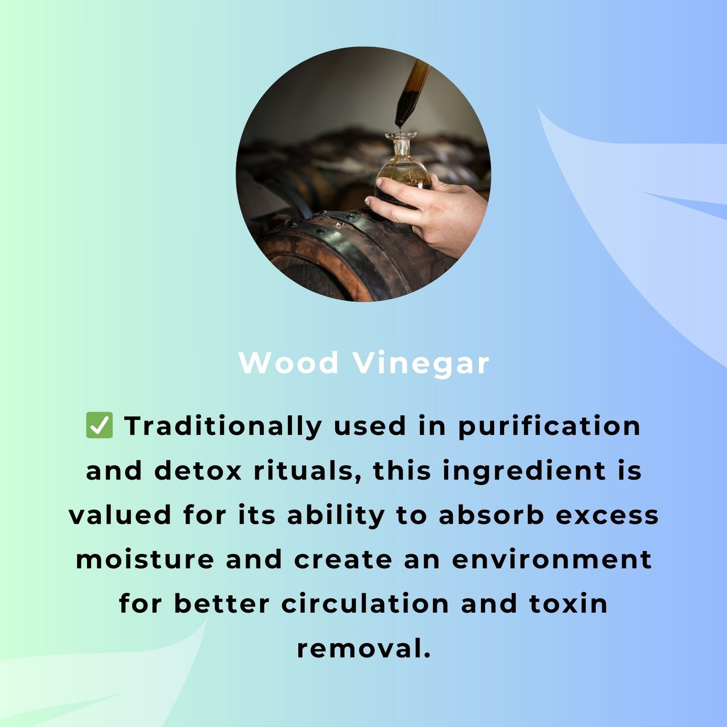 Wood Vinegar Ingredients in the detox foot pads and benefits infographic