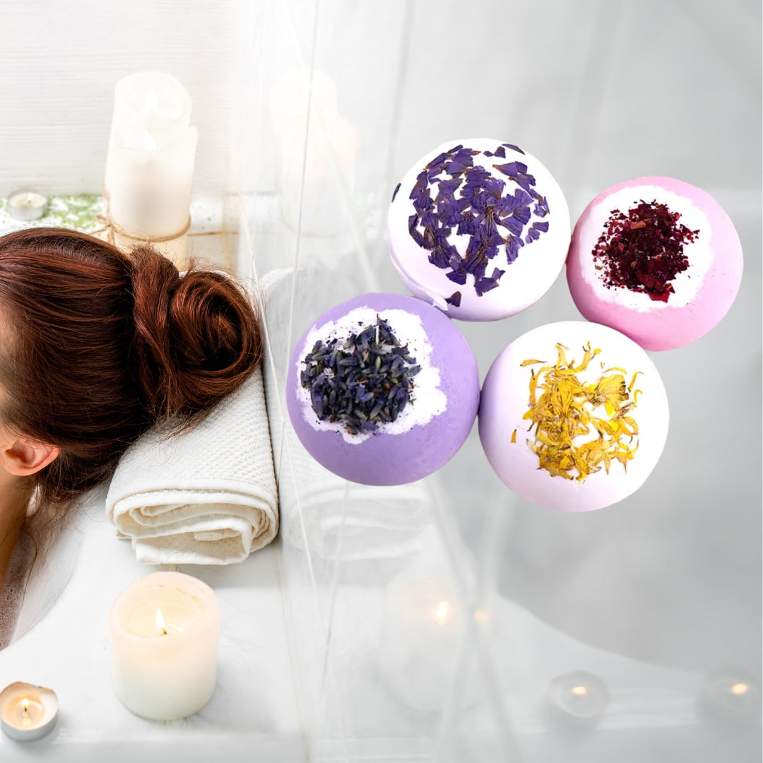 Photo of the 4 bath bombs with the background of a woman having a bath. 