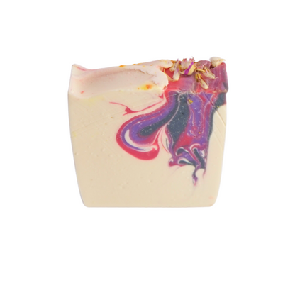 Black raspberry vanilla soap has flowers on the top 