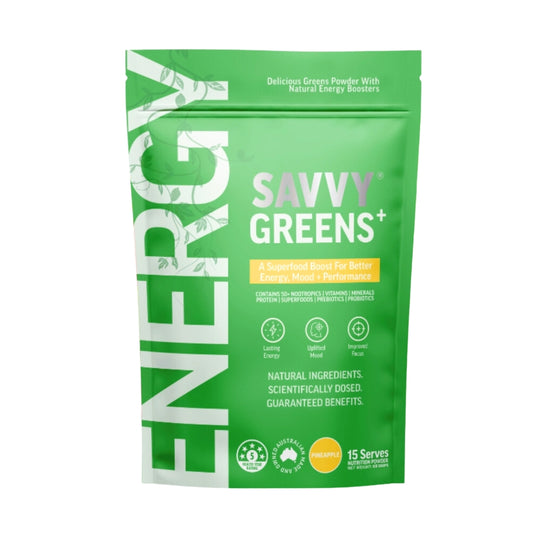 Main image of the product - superfood greens super greens powder by Savvy which is the best supergreens powder on the market in Australia and New Zealand created by nutritionists and health professionals with a 5 star health rating.