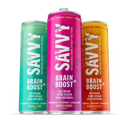 Main product image of Nootropic vitamin brain boost savvy drink drink in 3 flavours: mixed berry, passionfruit and lemon lime