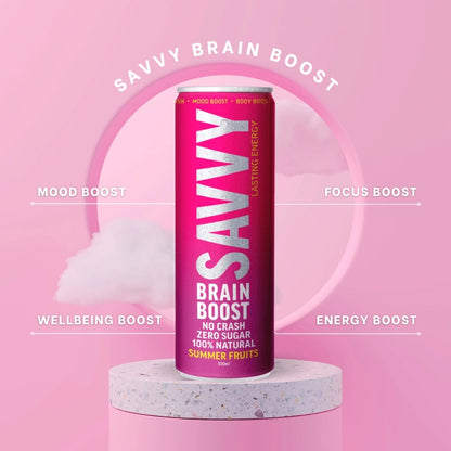 Savvy brain boost nootropic drink with zero sugar, summer fruits flavour energy boosting sparkling water joe rogan alpha brain