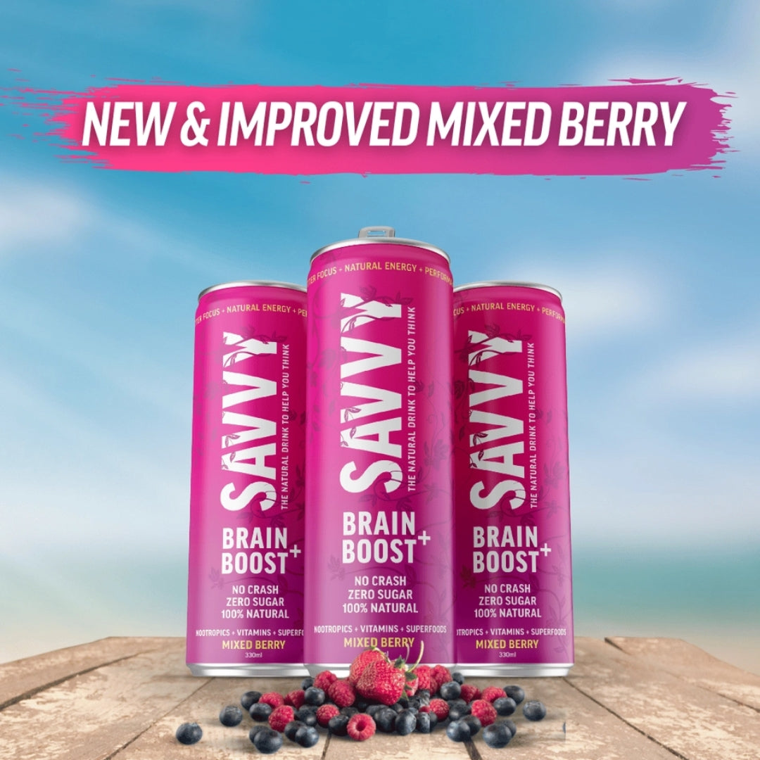 best nootropics optimind drink by Australian brand Savvy best brain boosting effect with caffeine and ashwagandha contained in the drink. This image shows the drinks in Mixed berry flavour. 