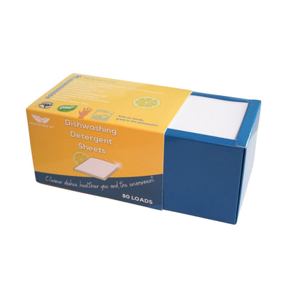 Dishwashing detergent sheets packet and sliding drawer type of box that can easily open and the sheets be taken out. The front of the box says Dishwashing detergent sheets 80 loads, cleaner dishes, healthier you and the environment