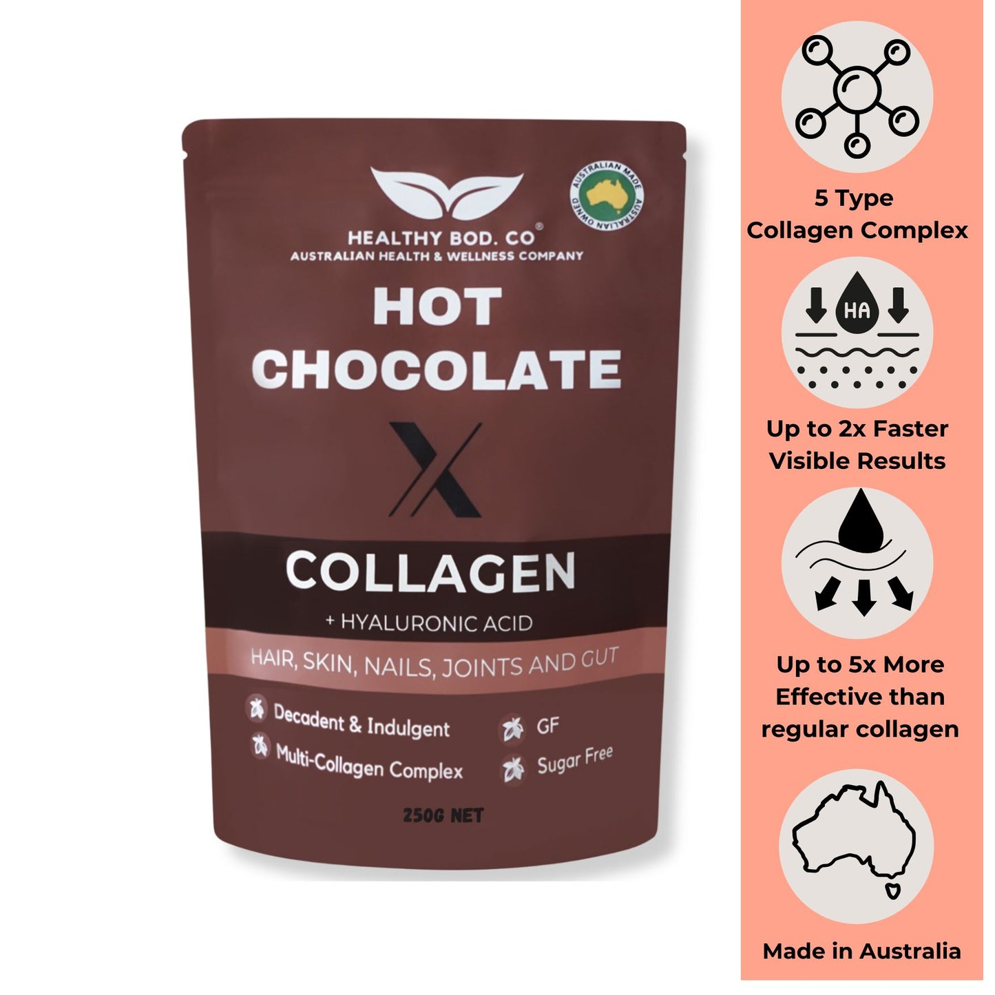 Collagen Hot Chocolate with 5 Types of Collagen for Joints Guts Hair Skin and Nails - front view of product