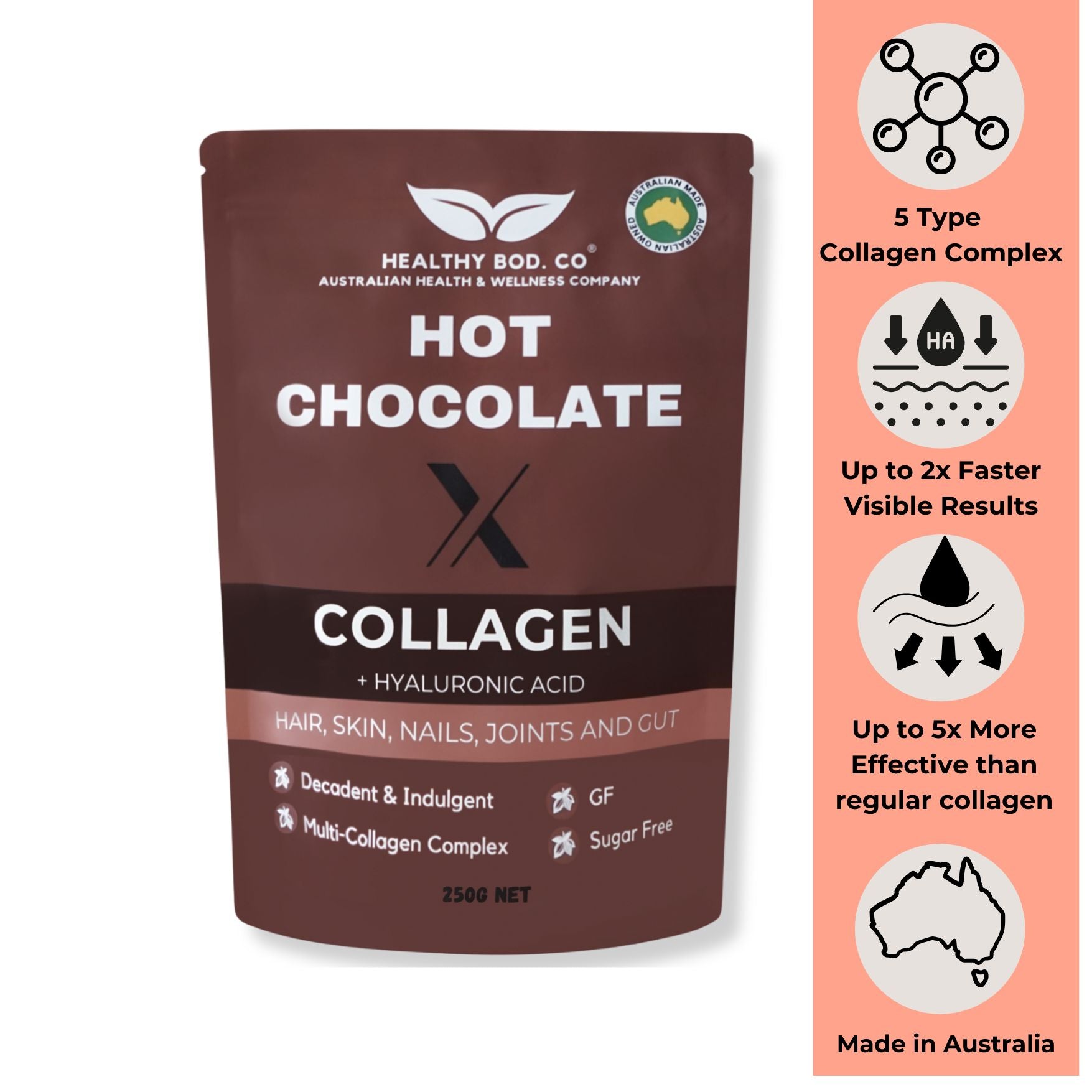 Collagen Hot Chocolate with 5 Types of Collagen for Joints Guts Hair Skin and Nails - front view of product