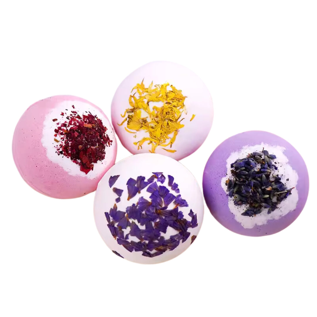 main photo of set of 4 natural bath bombs. Calendula, lavender, blue orchid and rose.