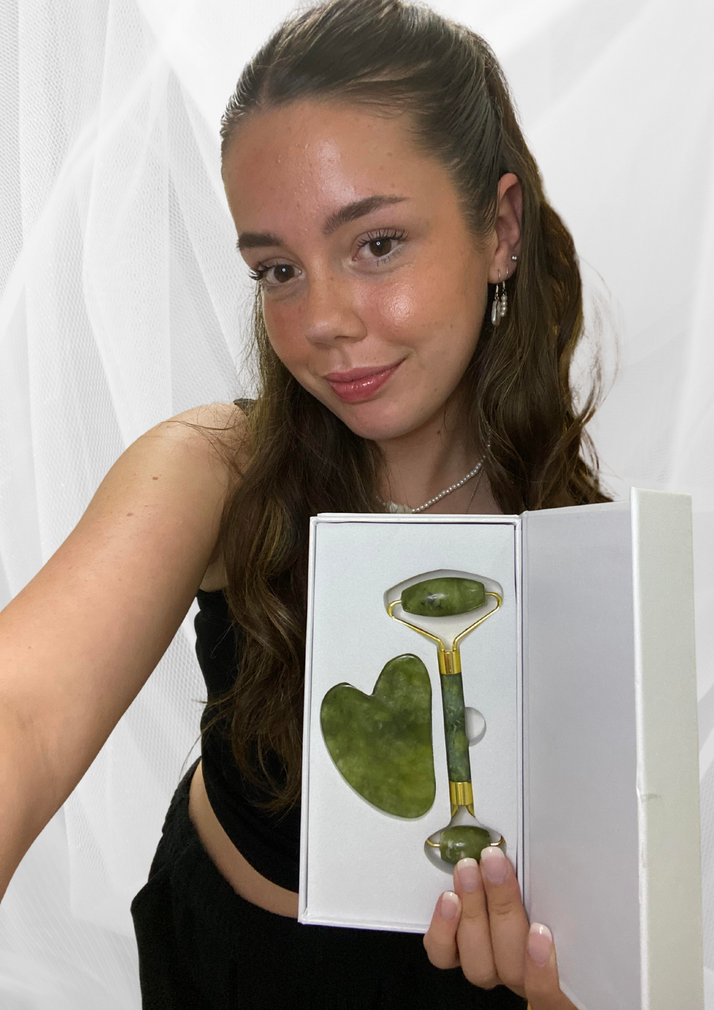 Authentic Green Jade Gua Sha and Face Roller Lux Gift Set