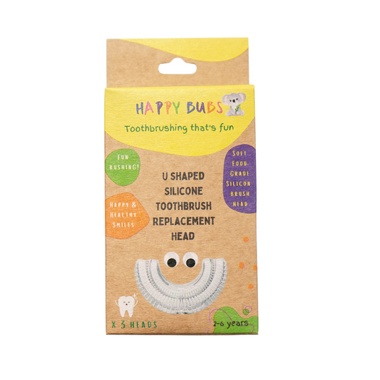 Image of the packaging of the product - Baby U Shaped Silicone Toothbrush Replacement Heads for Easy and Fun Brushing by Happy Bubs because we create product products that make bubs happy.